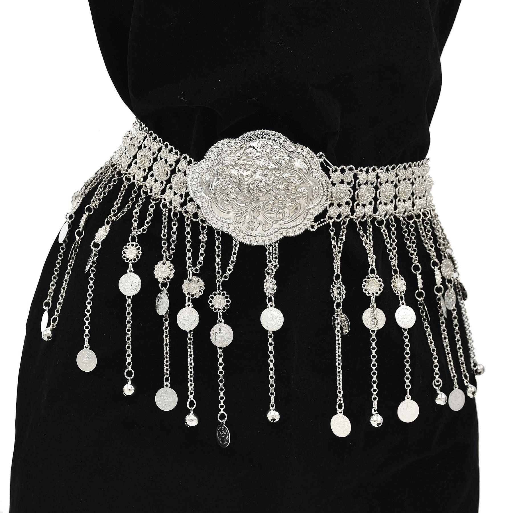Body Jewelry Indian - シルバーメッキモロッコカフタンベルト幾何学模様コインタッセルベリーチェーン女性用エスニックトライバルインディアンターキュルボディジュエリーギフト