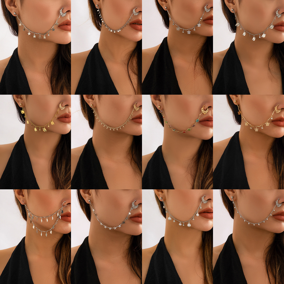 Body Jewelry Indian - インドのゴールドカラーのパールバタフライタッセルイヤリングノーズクリップチェーン、女性用ボヘミアンノーズリング、ノンピアスダングルイヤリングジュエリー