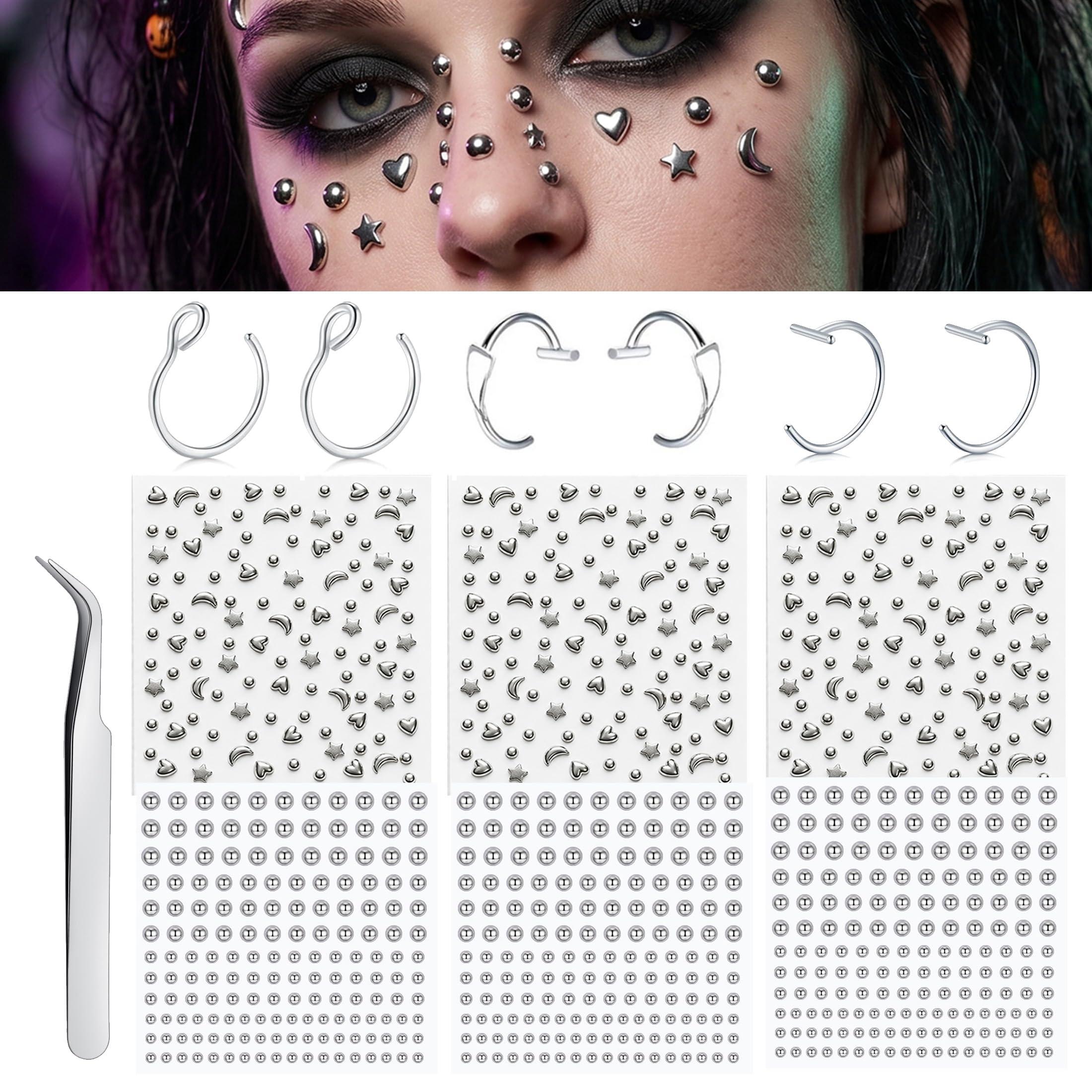 Body Jewelry And Piercing - フェイクピアスボール、鼻ピアス、フェイク眉毛、リップフープ、ラブレットスタッド、粘着式スターフェイスジェム、ラインストーンメイクアップステッカー