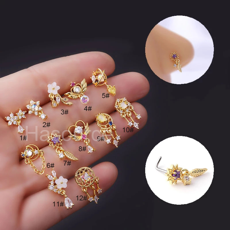 Body Jewelry Indian - 2022新しい1個のファッション316L外科用ステンレス鋼CZダングルノーズスタッドカラフルなインディアンスクリューノーズリングノーズピアスジュエリー