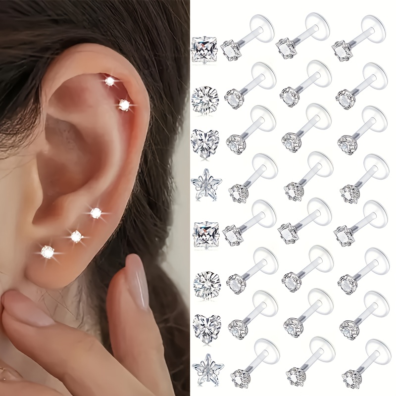 Helix Cartilage Ring - 9個入りクリアリップリングスタッドプラスチックピアスジュエリープッシュイン軟骨イヤリングトラガスイヤリングスレッドレスヘリックスピアスジュエリー