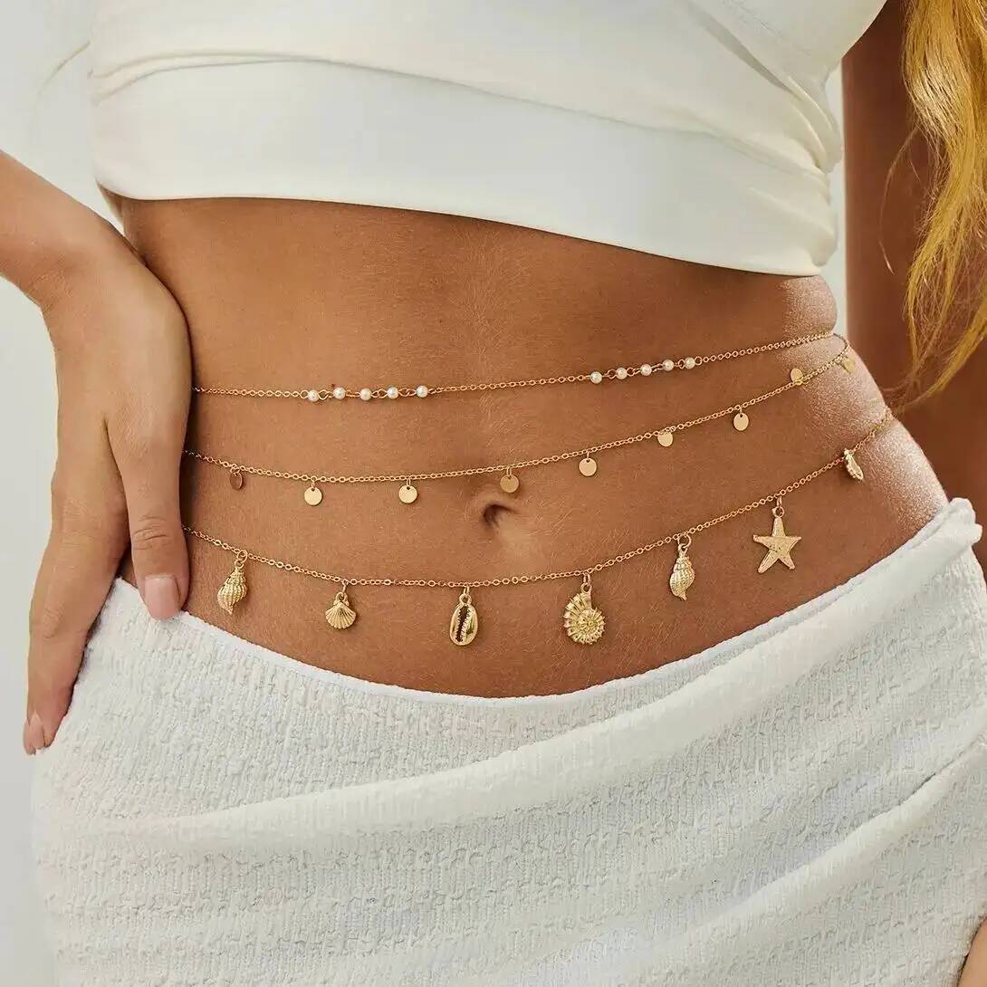 Body Jewelry Helix - IngeSight.Z 3 ピース/セット自由奔放に生きるヒトデ巻貝ペンダントウエストベリーチェーン女性の夏のビーチセクシーなビキニベルトボディジュエリーアクセサリー