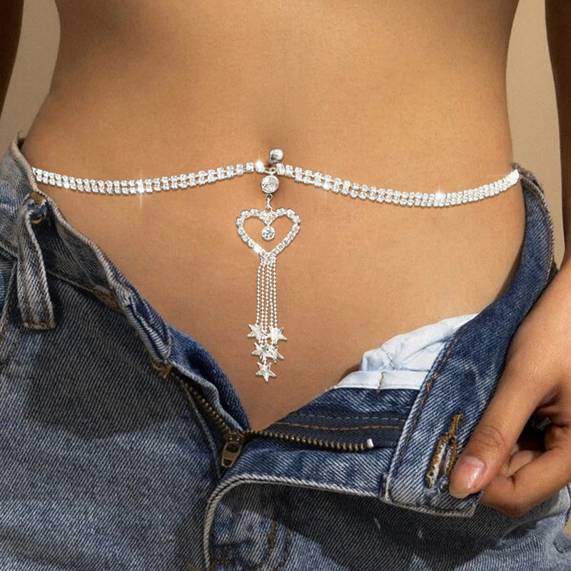 Body Jewelry And Piercing - GLAMing 自由奔放に生きるハートブラブララインストーンピアスへそチェーンへそリングウエストチェーン付き女性へそピアスボディジュエリー