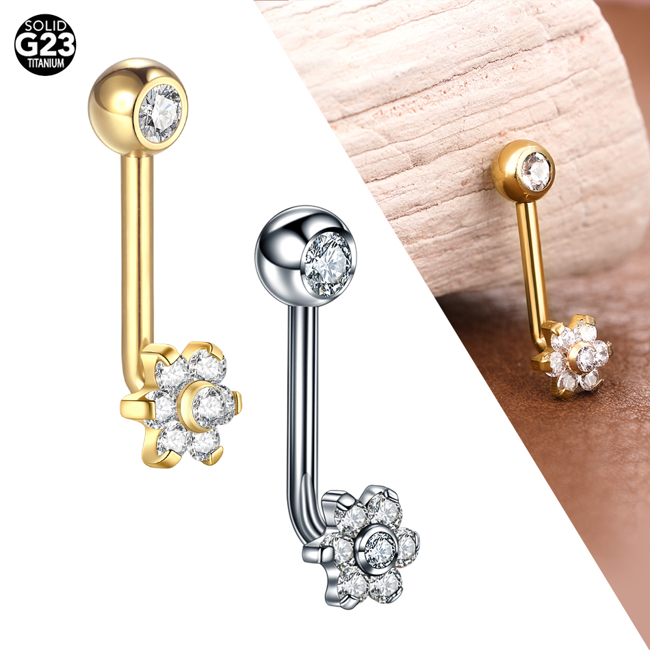 Body Jewelry Vch - 男性と女性のためのチタンczクリスタルフラワーベリーリング、セクシーなリップドリル、Rchinaドリル、垂直フード、Vchジュエリー、14g、1個、5個