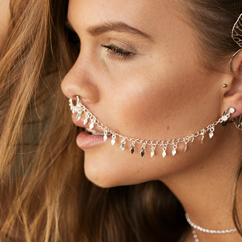 Body Jewelry Indian - 鼻リングチェーン、ぶら下げディスクフープ-耳チェーンノーズリング部族ジュエリー有名人インディアンジュエリー