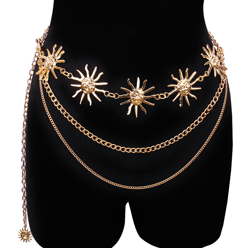 Body Jewelry Helix - チャンキーな多層パンクゴシックムーンサンウエストチェーンメタルウエストベルト、女性用ドレスジュエリーボディチェーンジュエリー