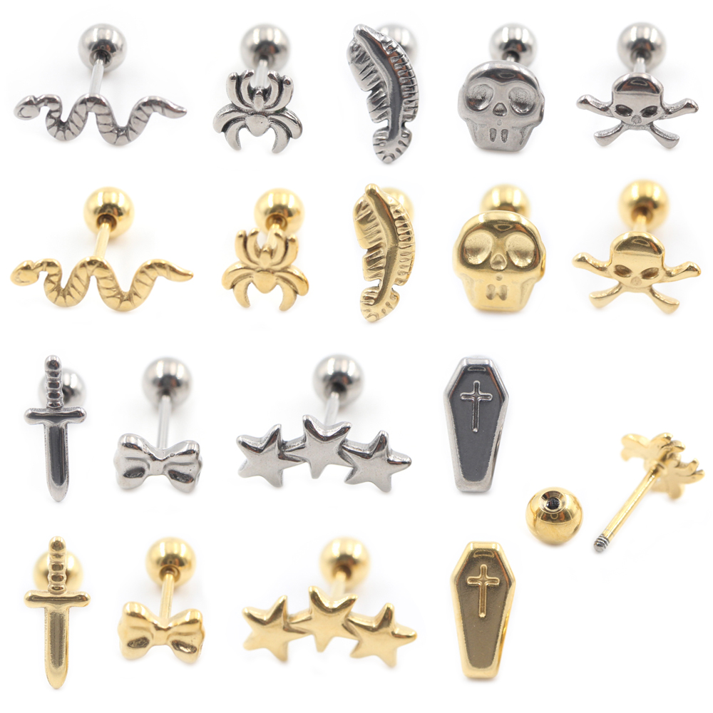Helix Cartilage Ring - 2PC チタン製クロススパイダースネークスカルソードボウフェザースターコフィンイヤースタッド軟骨ヘリックスイヤリング舌ピアスジュエリー