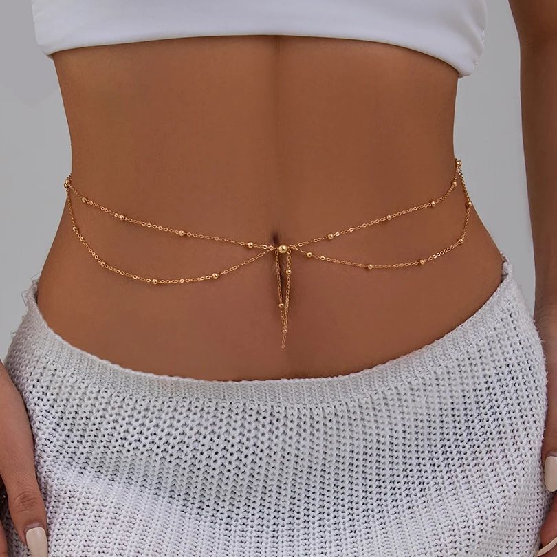Body Jewelry Gold - KunJoe 多層ゴールドカラーの薄いビーズチェーンウエストベリーチェーン女性のセクシーなビキニドレスベルト夏のビーチボディジュエリーギフト
