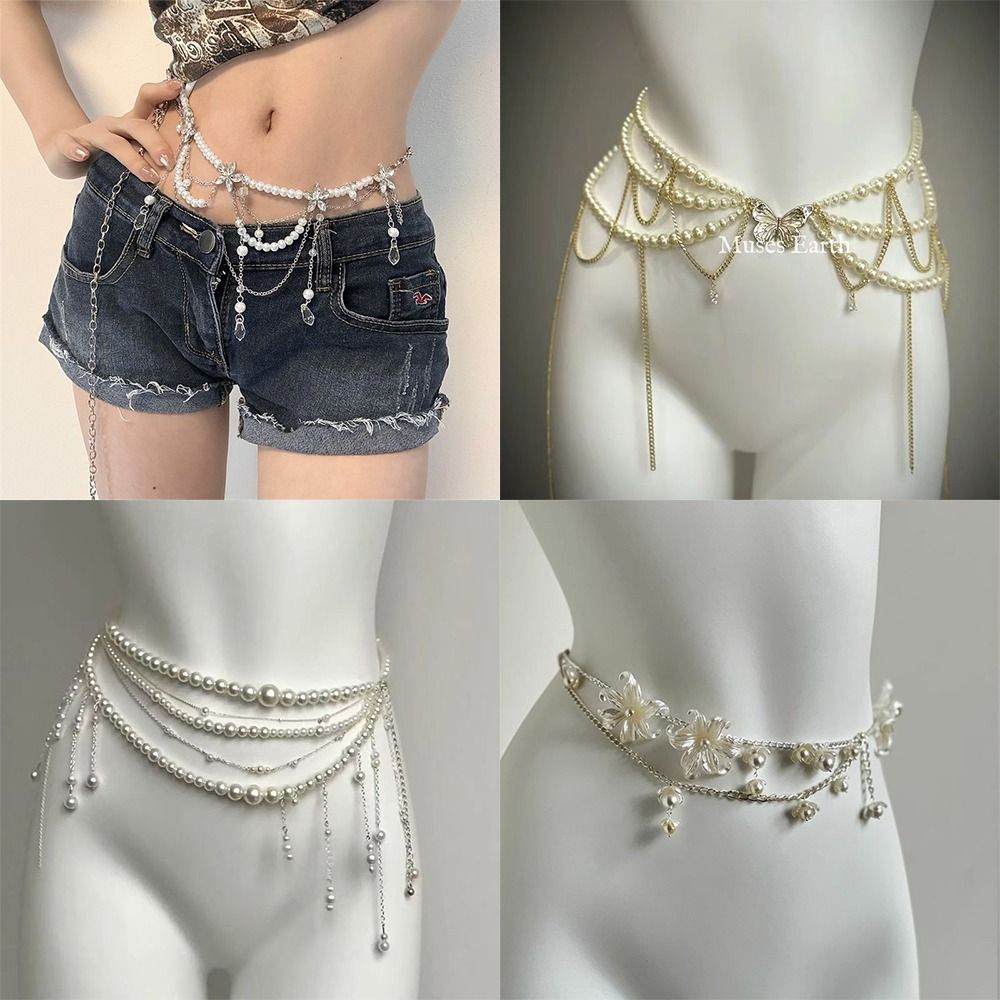 Body Jewelry Helix - ファッションエレガントなパールウエストチェーンウエストアクセサリー多用途フローラルベリーチェーンボヘミアンヒップチェーン女性用