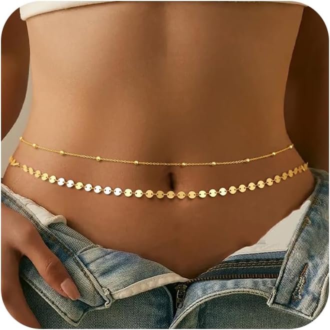 Body Jewelry Gold - シルバーメッキゴールドメッキベリーチェーン調節可能なボディチェーンビキニウエストビーズ女性用コイン繊細なボディチェーン女性用