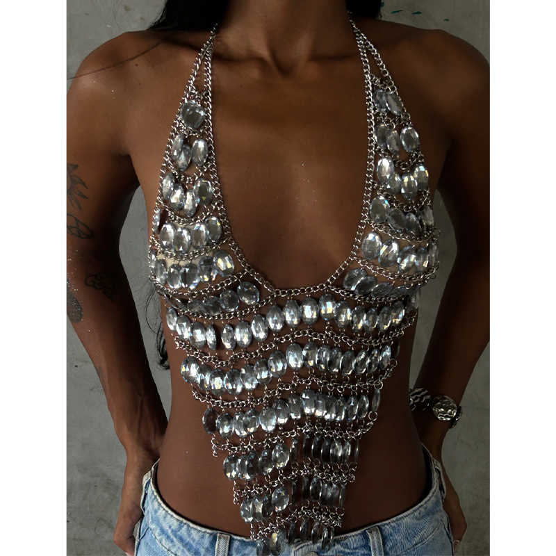 ハンドメイドのバックレスラインストーン装飾クロップドブラトッ - Body Jewelry Gold のレビューと価格