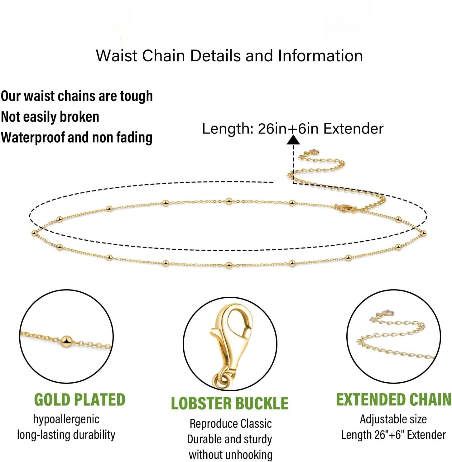 女性用調節可能なビキニボディジュエリー、女性用ウエストチェー - Body Jewelry Gold のレビューと価格