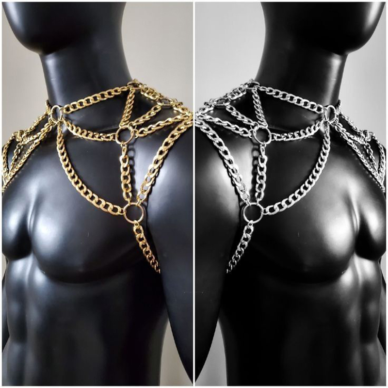 パンク男性ショルダーボディチェーンバックメタルネックレスボデ - Body Jewelry Gold のレビューと価格