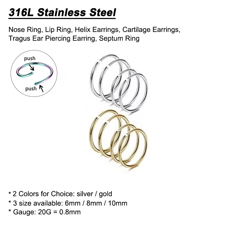 6個/ロット 低アレルギー性ノーズリングフープ 316Lサー - Helix Cartilage Ring のレビューと価格