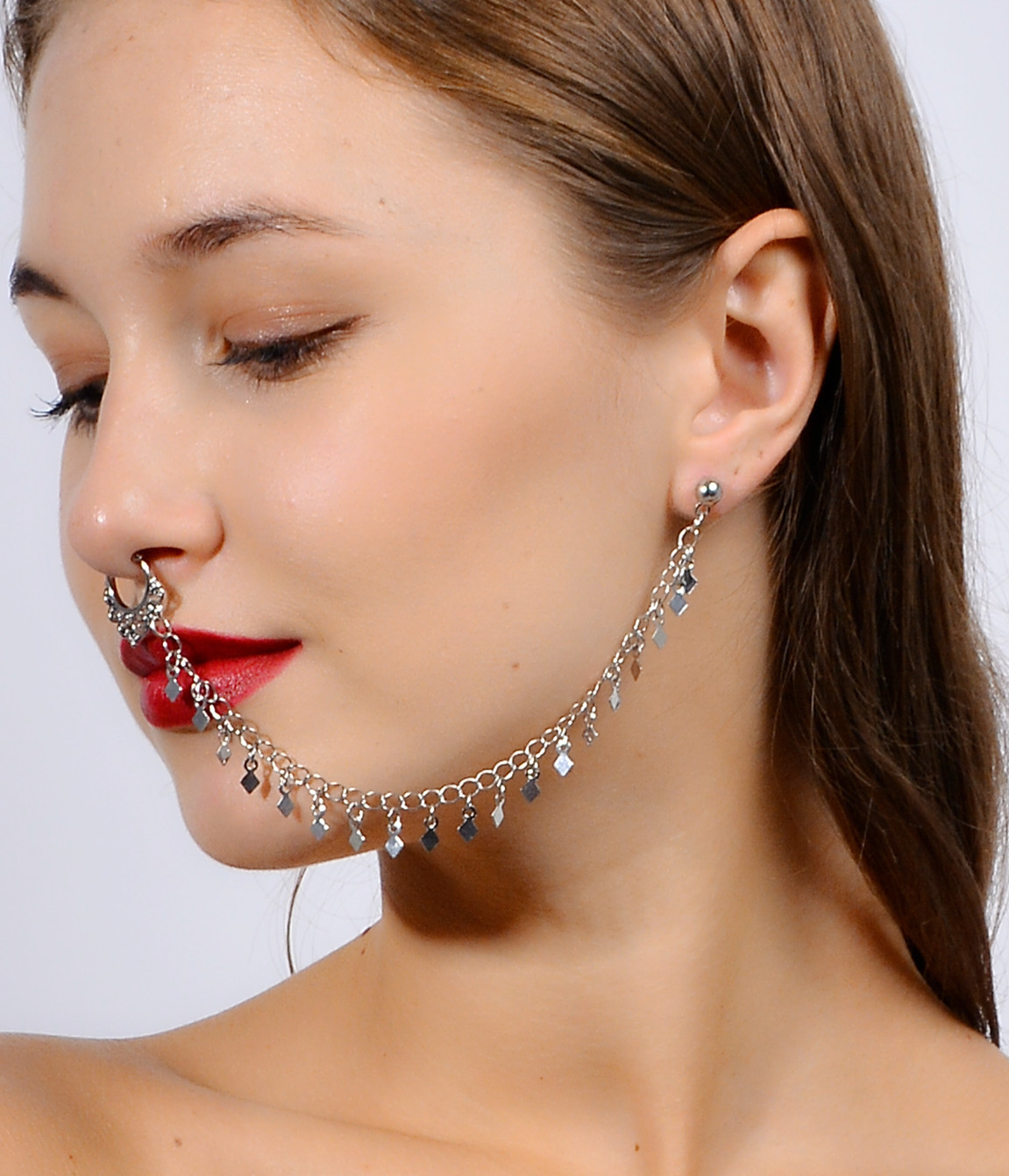鼻リングチェーン、ぶら下げディスクフープ-耳チェーンノーズリ - Body Jewelry Indian のレビューと価格
