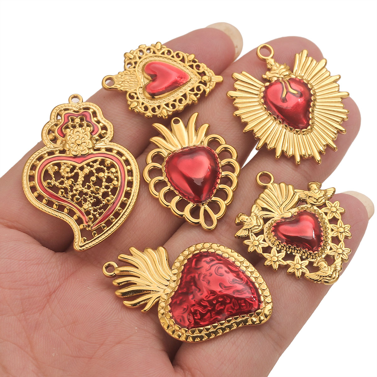 3 個ステンレス鋼レッドエナメルハート型チャームゴールドメッ - Body Jewelry Diy のレビューと価格