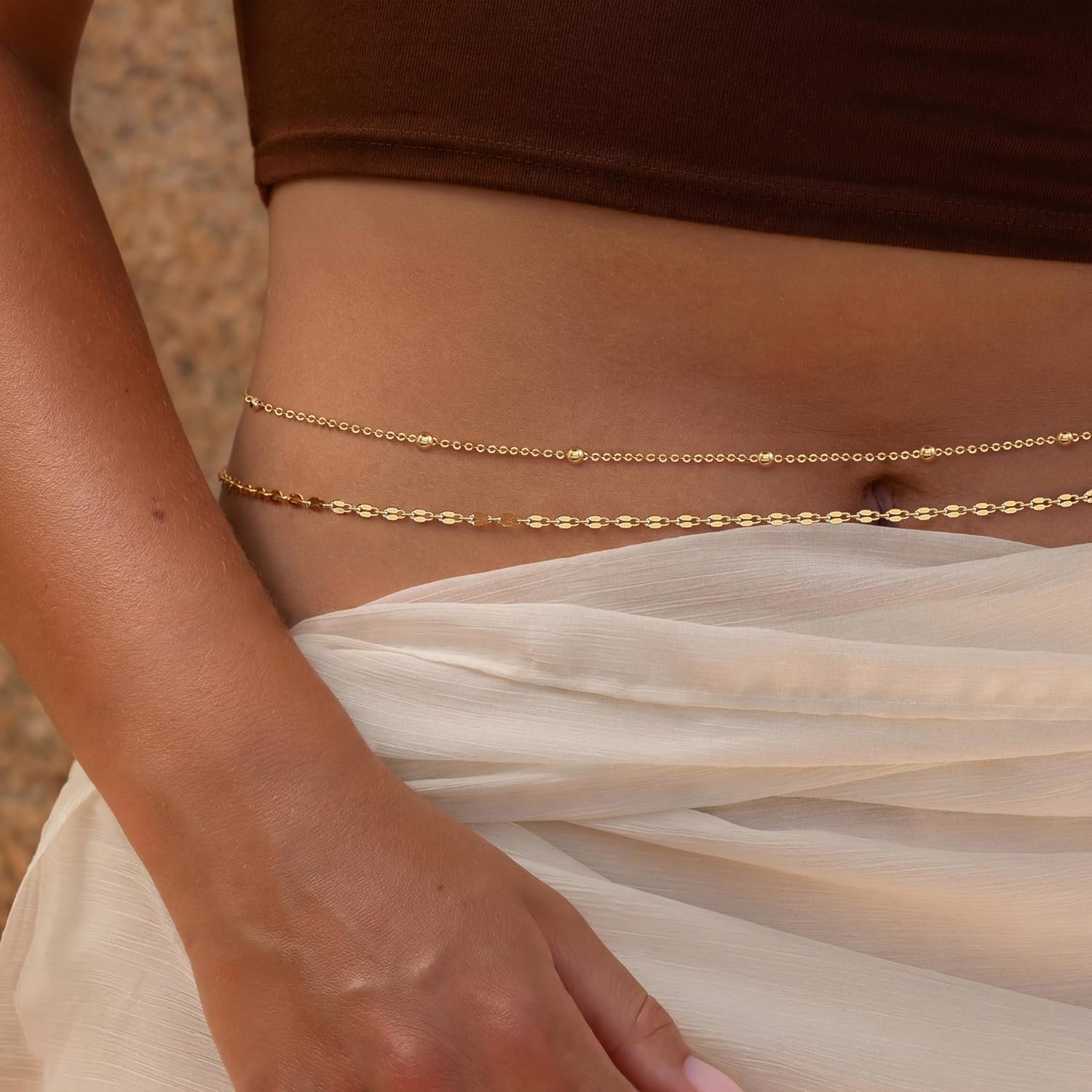 14K金メッキウエストチェーン、女性用レイヤードウエストビー - Body Jewelry Gold のレビューと価格